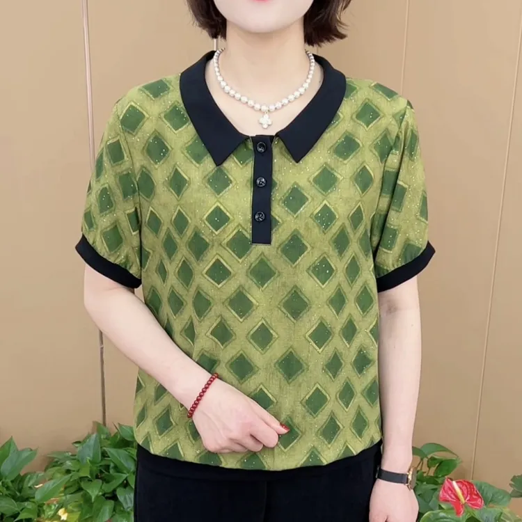 夏季新款时尚翻领百搭气质妈妈装宽松显瘦休闲减龄短袖上衣K8860