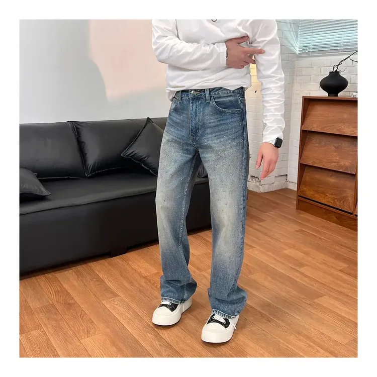 2025秋冬新款复古烫钻宽松直筒裤高端潮流休闲时尚男款百搭牛仔裤