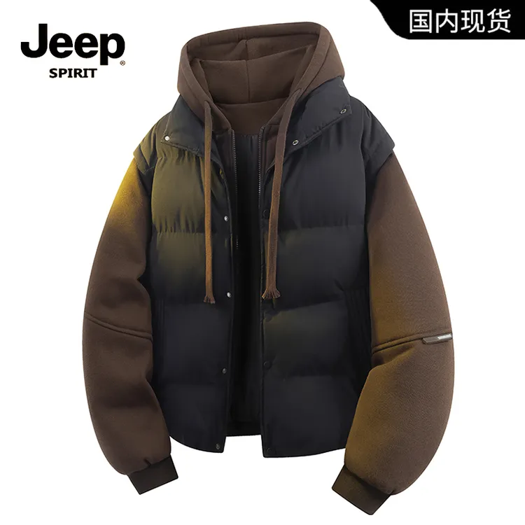 JEEPSPIRIT吉普宽松型连帽保暖假两件男棉服棉衣男士情侣加厚潮流