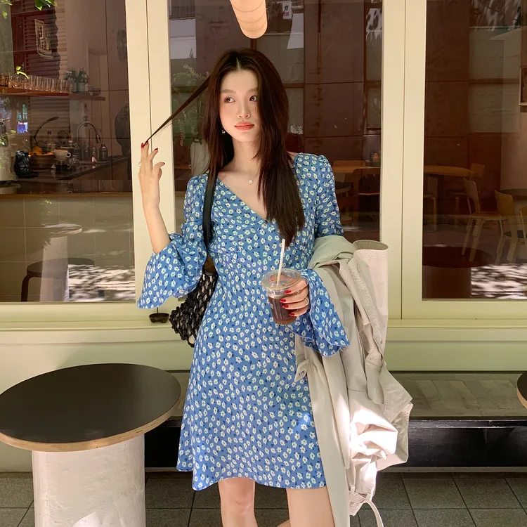 【海盐冰茶】RAREZZ法式慵懒小碎花性感海边度假吊带V领碎花裙