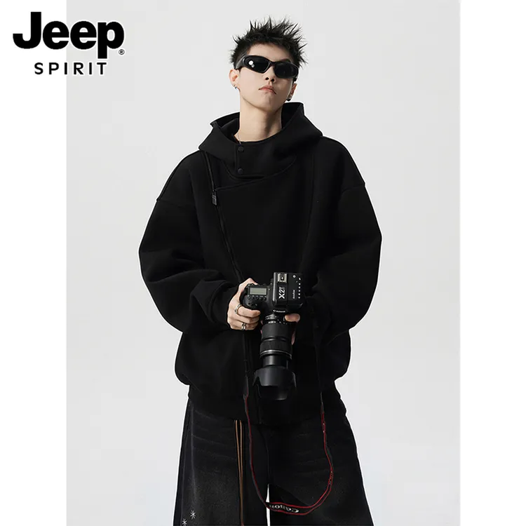 JEEPSPIRIT美式重磅黑色连帽卫衣外套男款秋男款加绒加厚连帽卫衣