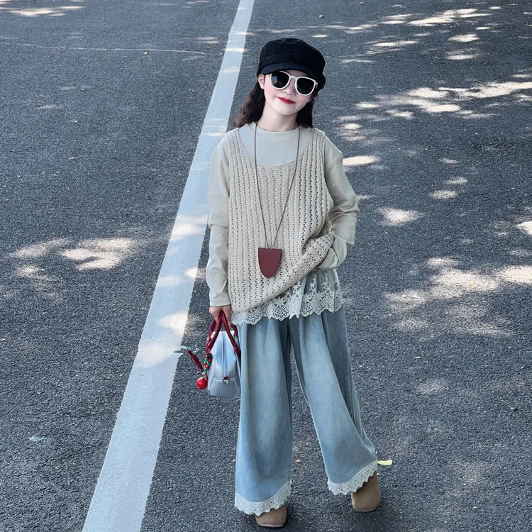 女童套装春秋款2025新款儿童洋气背心女孩阔腿裤秋季中大童三件套