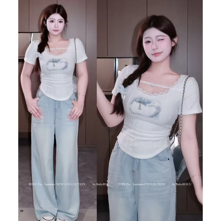 【甜欲少女心】温与柔美式辣妹风蕾丝花边正肩短袖上衣T恤