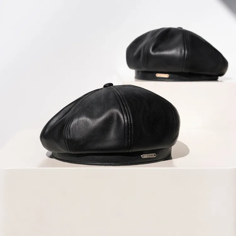 疯帽子 复古黑色PU皮质贝雷帽女百搭文艺通勤八角画家帽秋冬25新
