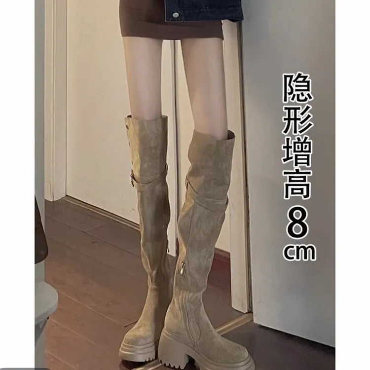 羊羔毛过膝长筒靴雪地靴子女秋冬款小个子厚底增高保暖加绒骑士靴