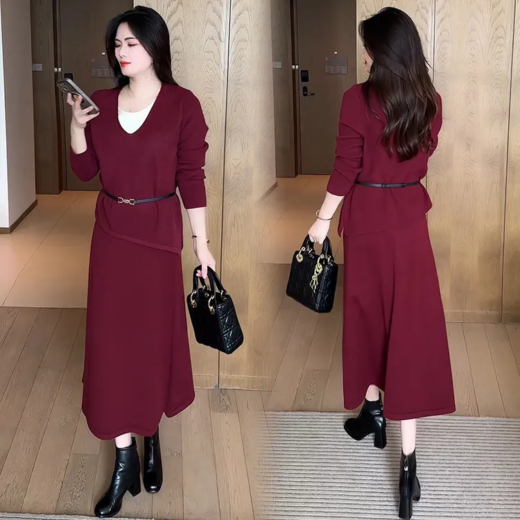 时尚针织套装裙女2025秋季新款洋气收腰假两件上衣半身裙两件套裙