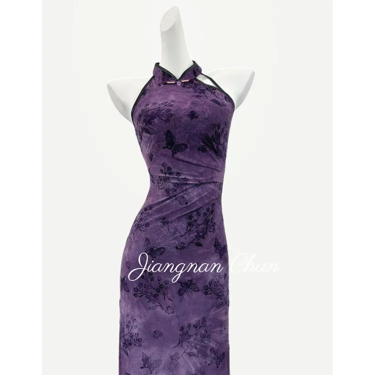 【陌上花开】衣长120新中式夏季性感挂脖旗袍立领显瘦修身