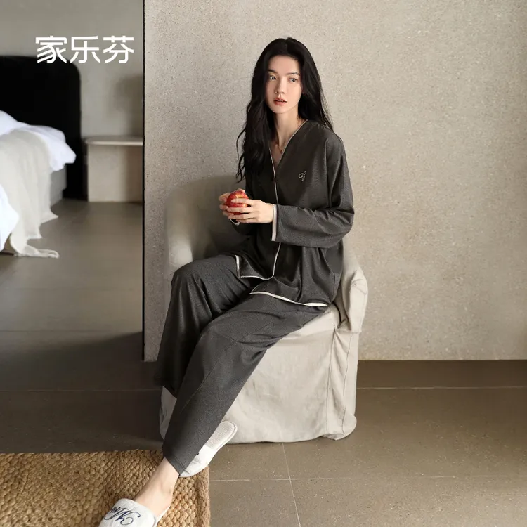 家乐芬睡衣女士春秋款秋季纯棉长袖家居服V领开衫高级感休闲套装