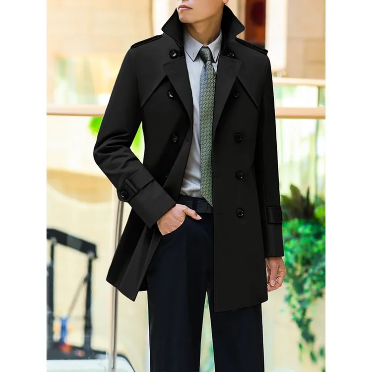 男士韩版中款春秋双排扣大衣时尚外套修身英伦小码加肥加大码风衣