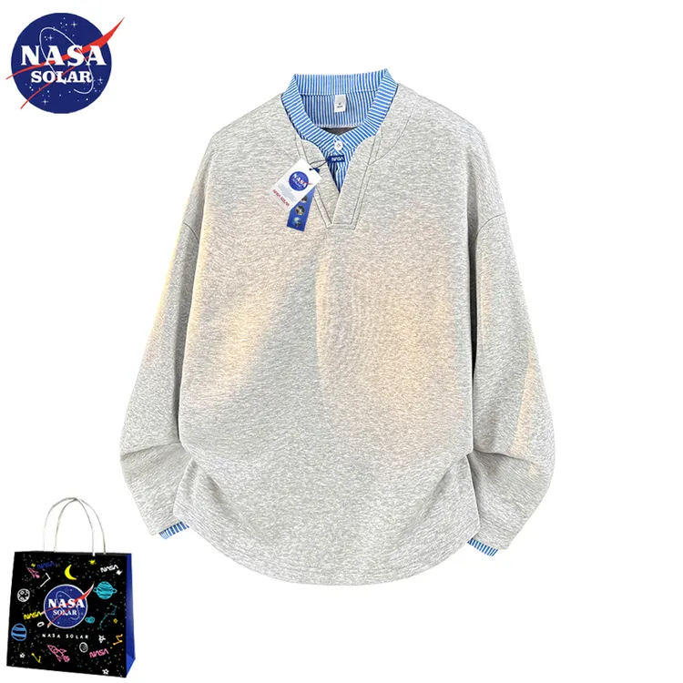 NASA SOLAR美式复古假两件卫衣男女春秋新款宽松百搭衬衫领上衣潮