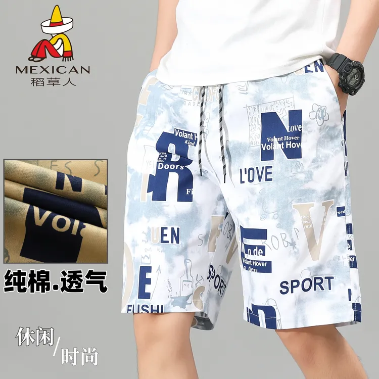 男士纯棉薄款五分裤松紧腰中裤夏季短裤牛仔印花韩版裤子男短裤商品图
