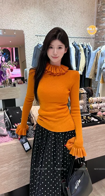 利达 NEW DADADA 秋冬木耳边针织衫喇叭袖修身内搭上衣CPM2752