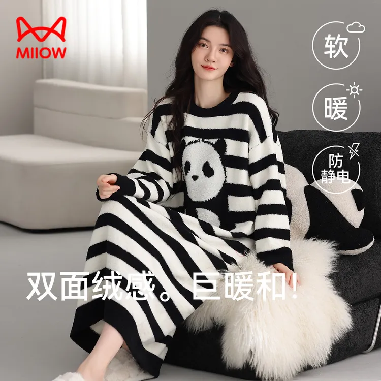 猫人冬季加厚加绒半边绒睡裙女长袖套头高颜值条纹睡衣保暖家居服