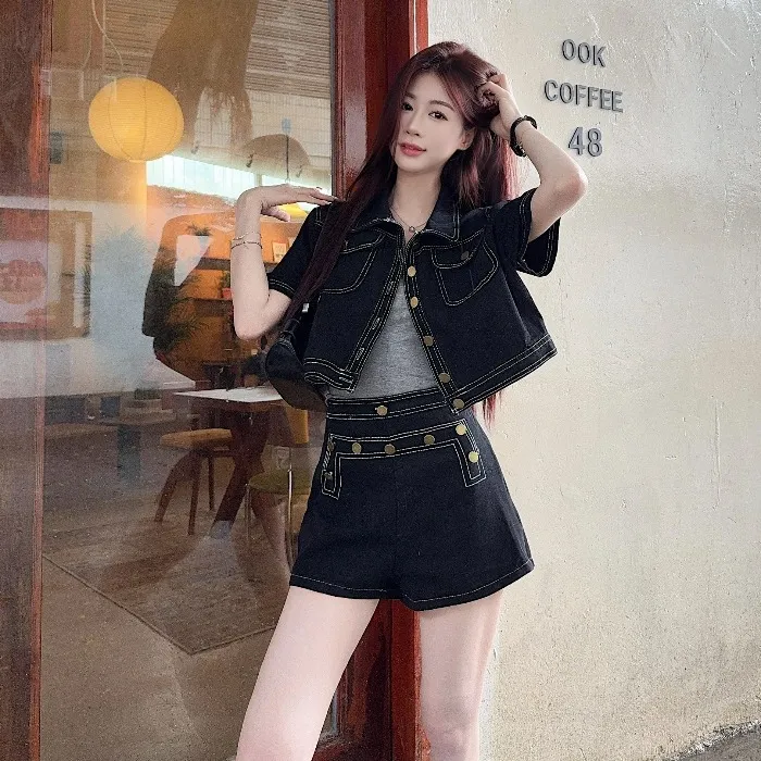 牛仔套装美式复古翻领短袖衬衫外套女夏季明线休闲阔腿短裤两件套
