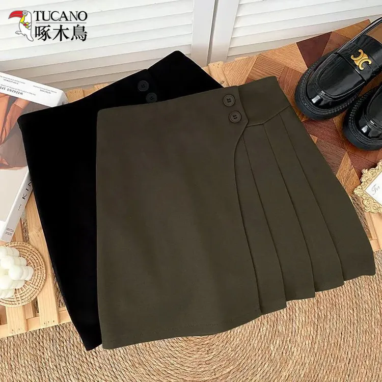 啄木鸟不规则毛呢半身裙女秋冬新款小个子百搭高腰显瘦A字百褶裙