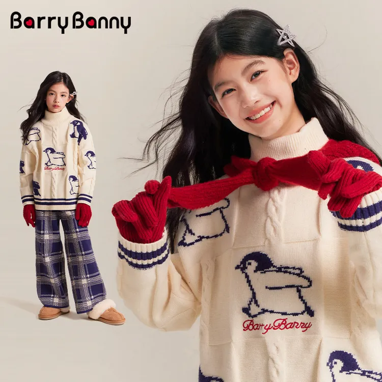 [小酒窝同款]Barry Banny女童企鹅立体麻花毛衣冬季中大童高领加厚针织衫上衣