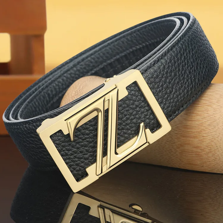 商务腰带男皮带双面字母真皮腰带时尚平滑扣休闲裤腰带中青年简约