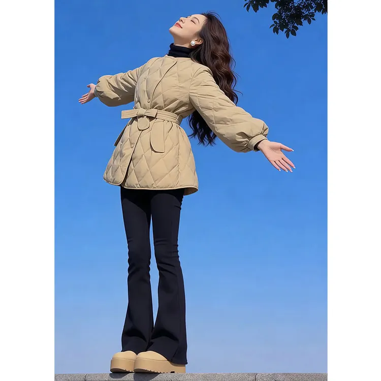 兹伊翰【沐浴阳光】2025冬季新款绑带收腰棉服外套女士菱格设计棉衣