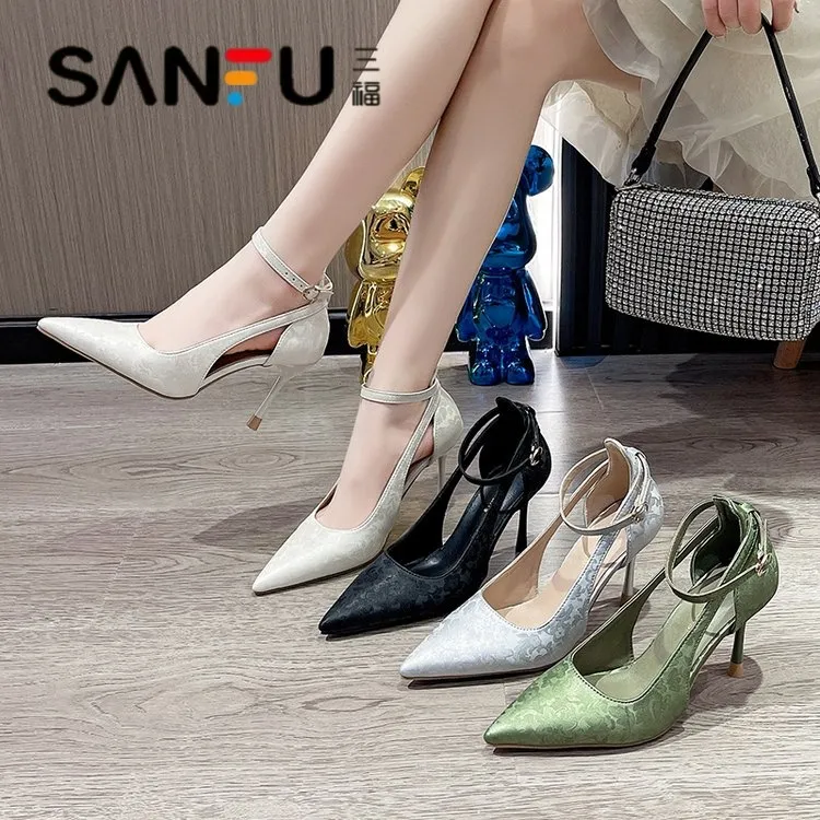 三福中国风新中式一字带细跟高跟鞋女气质时尚欧若风百搭尖头舒适