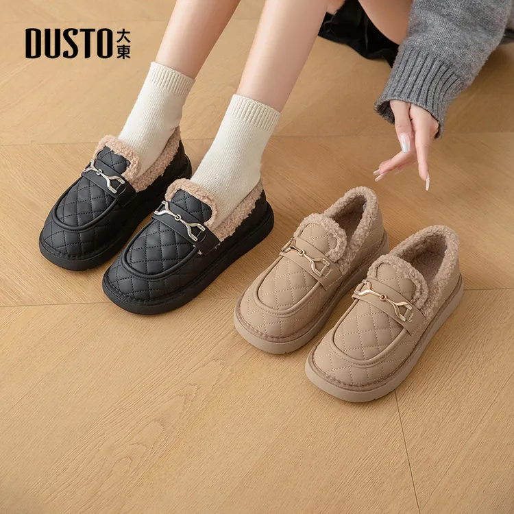 大东女鞋休闲棉鞋冬季加绒加厚保暖平底舒适外穿防滑毛毛鞋子0736