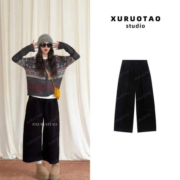 XURUOTAO【复古腔调裤】100棉加厚阔腿设计感显瘦黑色裤子 T5683