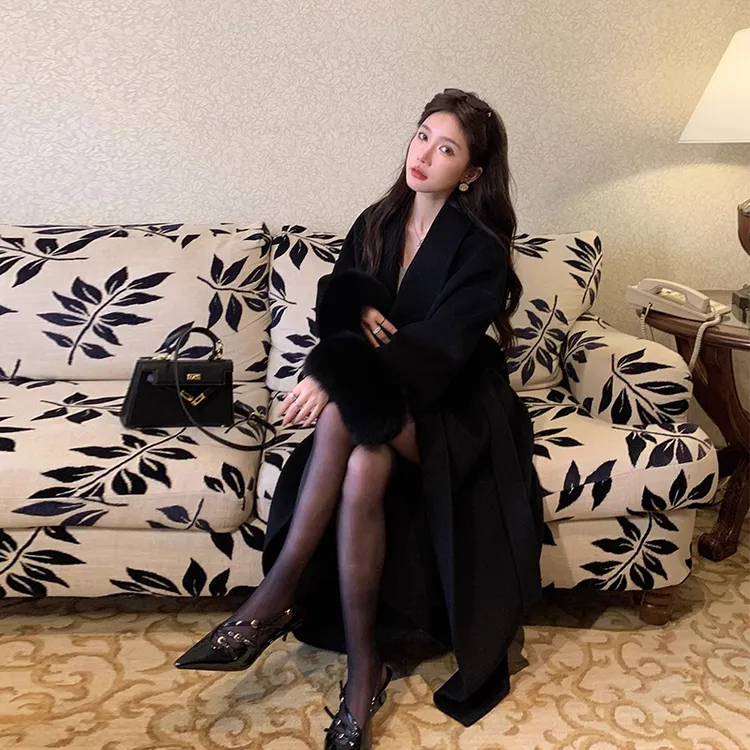 黑色2025新款气质双面大衣女高个子加长款仿狐狸毛高级感毛呢外套