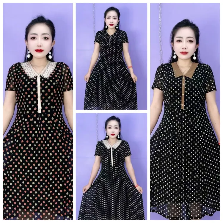  新款中长款高弹力波点显示藏肉舒适气质妈妈款裙子|（久久）