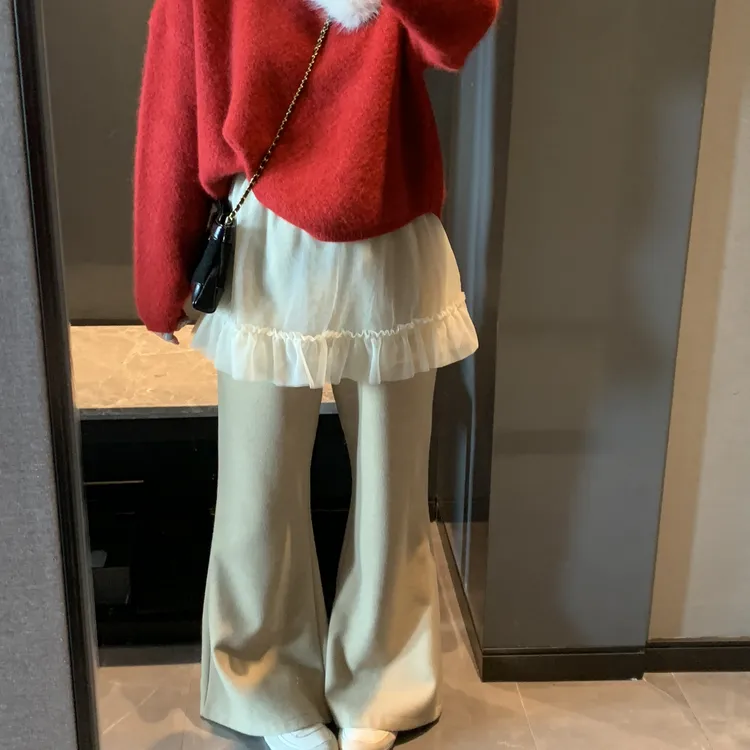 2025新款韩版高腰显瘦屁帘网纱花边拼接喇叭裤百搭时尚休闲长裤