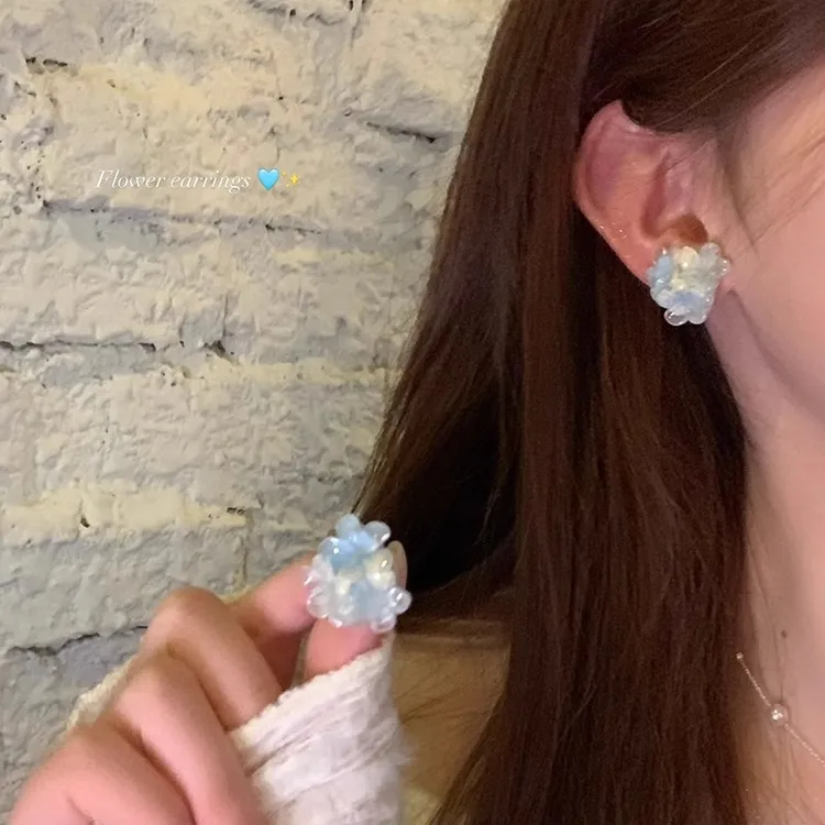 非金属树脂耳饰 夏季清透蓝晕染花朵串珠耳环高级甜美气质耳钉女