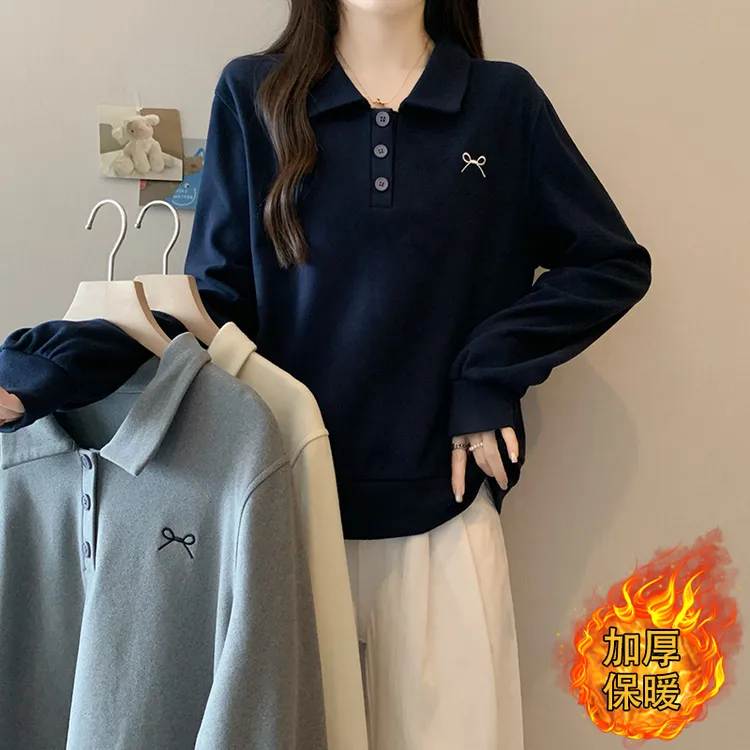 大码哺乳衣服外出时尚装卫衣秋冬加厚保暖时尚刺绣polo领长袖上衣