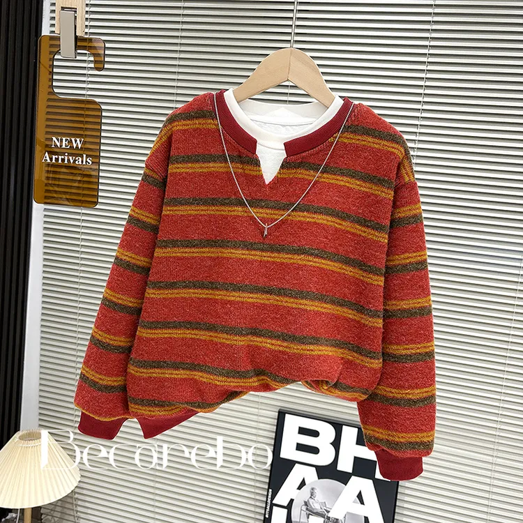 【假两件】男童红色卫衣儿童秋冬大童男孩冬装加绒保暖马年服打底衫