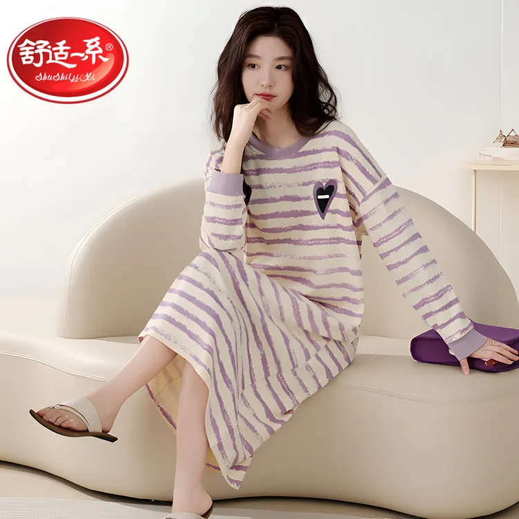 睡裙女春秋纯棉长袖甜美宽松中长连衣裙可外穿大码孕妇睡衣家居服