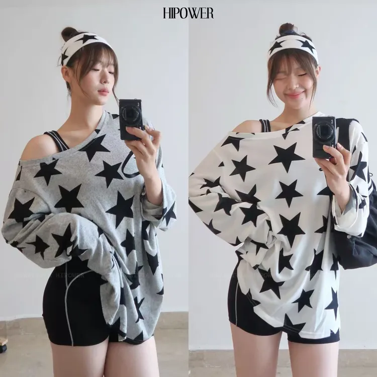 HIPOWER‘靓晶晶’五角星针织衫运动健身斜肩长袖T恤宽松瑜伽罩衫女