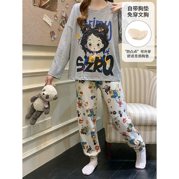 网红爆款睡衣女春秋学生带胸垫卡通长袖长裤小个子宽松休闲家居服