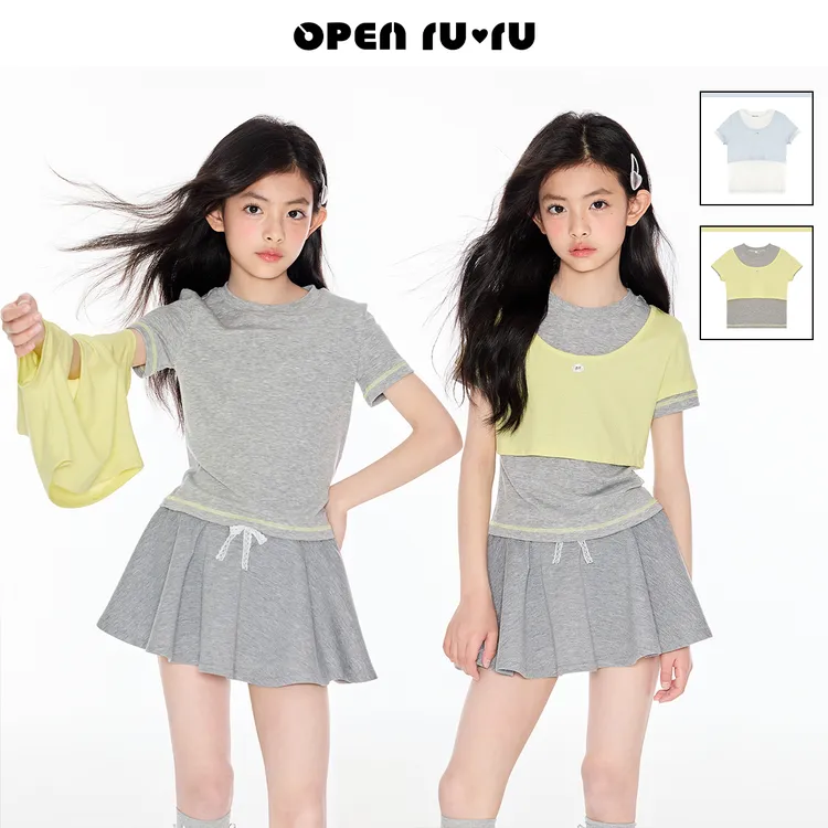 Opennunu女童莱赛尔圆领短袖T恤夏季设计感撞色亲肤两件套上衣