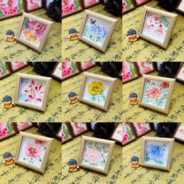 手绘国画国风花卉摆台装饰画精致艺术小摆件包邮带框12x12cm送礼