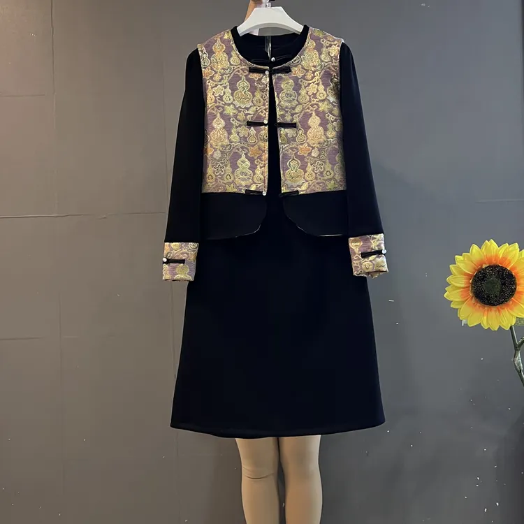 新中式复古风高级感提花盘扣马甲+拼袖连衣裙气质优雅显瘦两件套