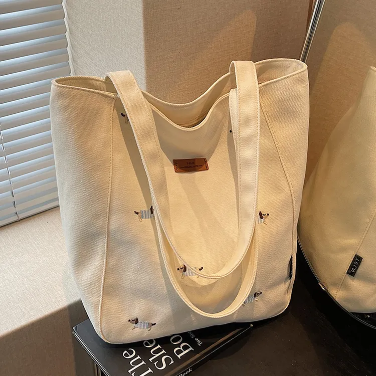 大容量可爱腊肠狗帆布包女夏时尚刺绣通勤布袋百搭ins腋下托特包