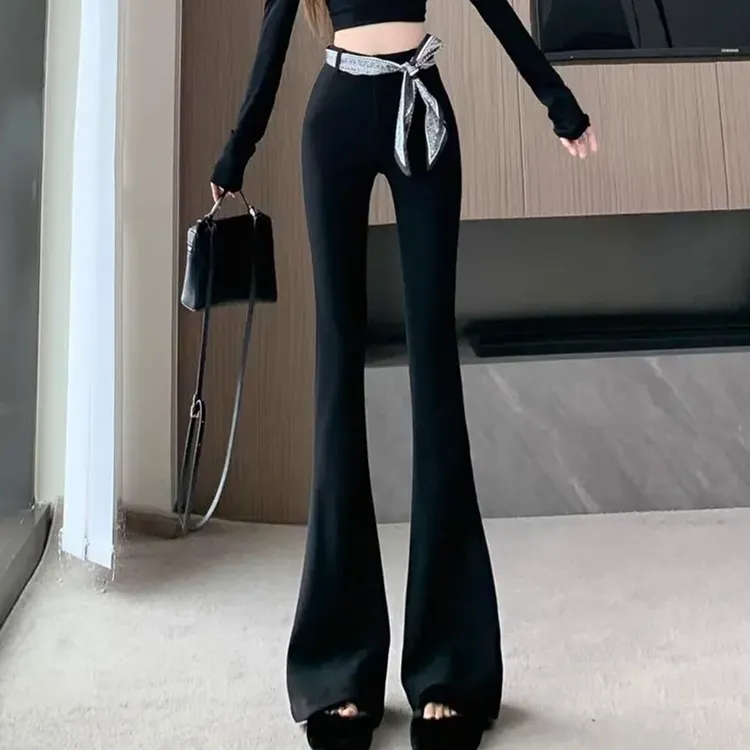 轻奢丝巾马蹄西装裤女2025秋季绑带高腰微喇裤修身垂感拖地长裤