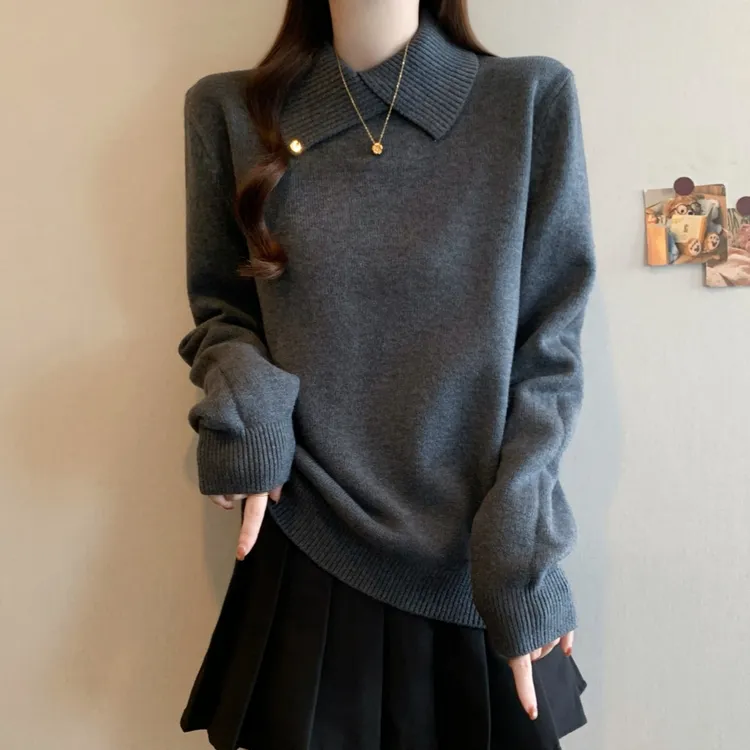 2025秋冬新款简约时尚纯色翻领打底针织衫毛衣女遮肚显瘦百搭上衣