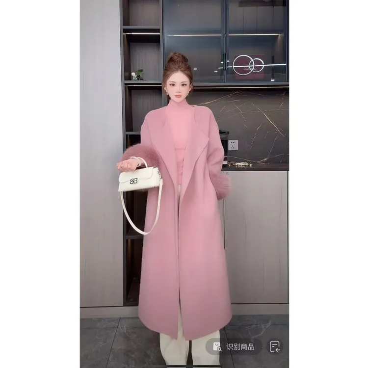 曼曼【粉雾玫瑰】羊毛双面大衣外套秋冬（可拆卸真狐狸毛袖口）