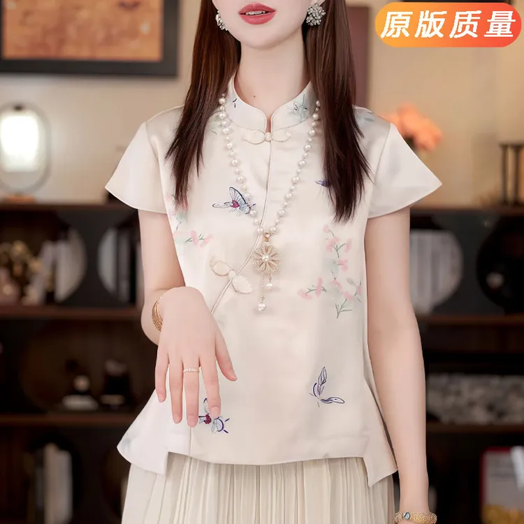 新中式国风绝美改良唐装短袖马甲小衫高级感轻奢百搭立领衬衫女夏