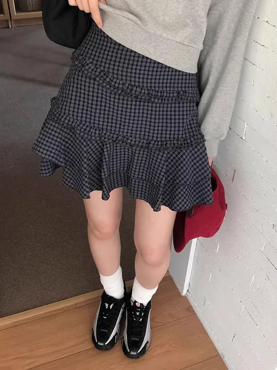 大码复古格子半身裙女设计感高腰小个子荷叶边蛋糕裙格纹蓬蓬短裙