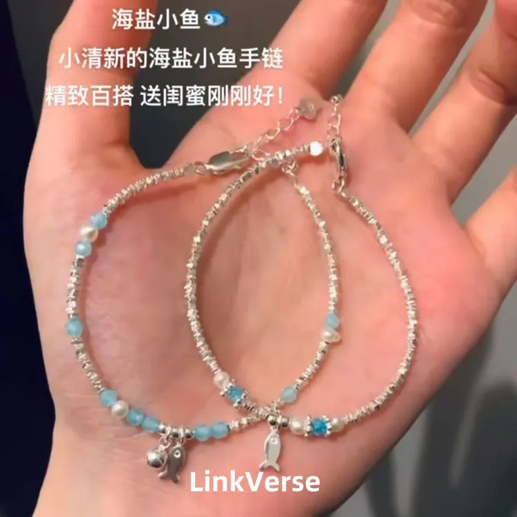 925银手链 S925银珍珠海盐小鱼手链精致甜美设计感闺蜜气质银手串