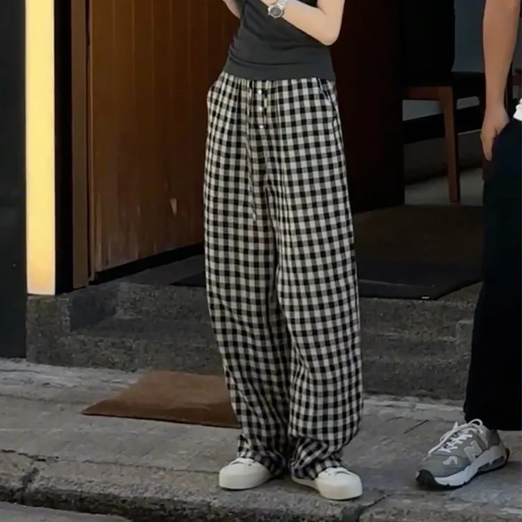 松弛感格子裤2025早秋新款微胖女装加大加宽小众炸街高级感休闲裤