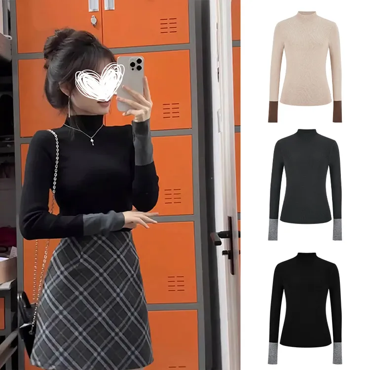 2025秋季新款法式半高领针织毛衣chic撞色打底衫显瘦内搭上衣女