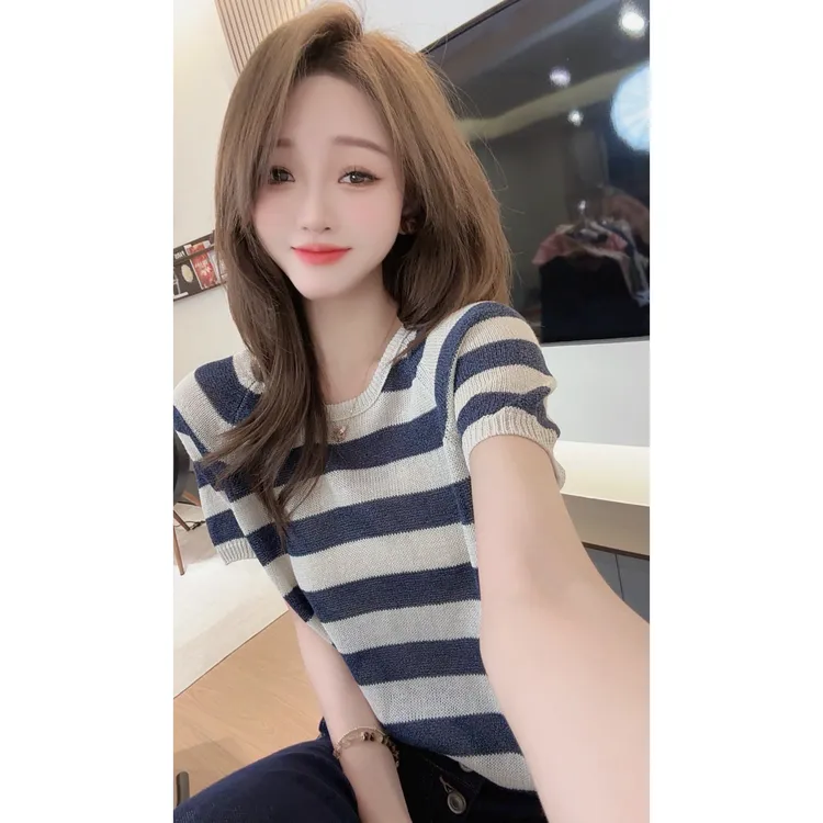 【陈陈私服】和纸纱 洋气条纹拼色上衣减龄显瘦短袖针织衫25041201