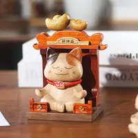 三花猫猫财神庙摆件入户车载摆件玄关桌面乔迁礼物实木原木风茶几