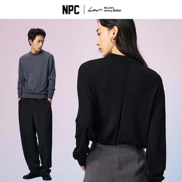 NPC潮牌100%羊毛48支16针纯色羊毛衫落肩圆领秋男女同款NP57SW31