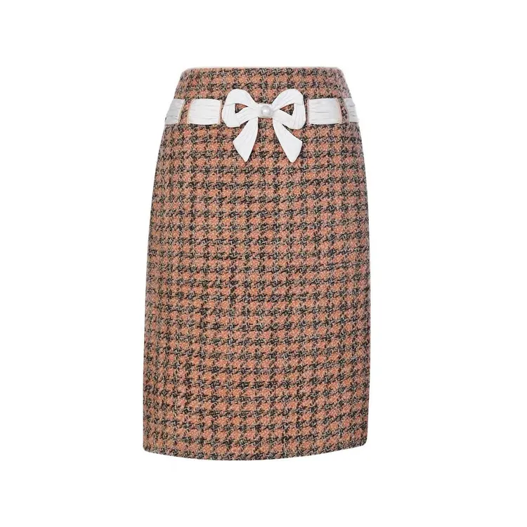 LeFame/拉飞姆25冬蝴蝶结装饰彩色千鸟格毛呢半身裙LF25D41SS134